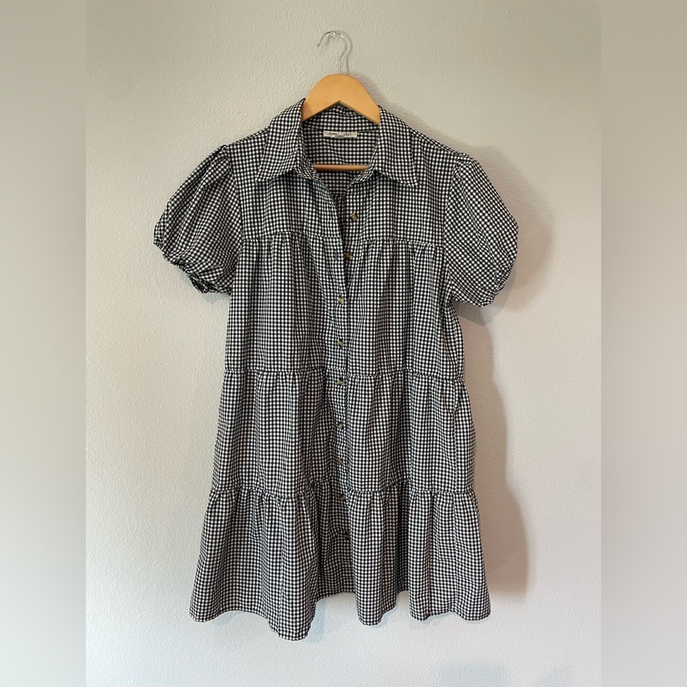 Gingham Black and White Short Sleeve Ruffle Dress Size Large